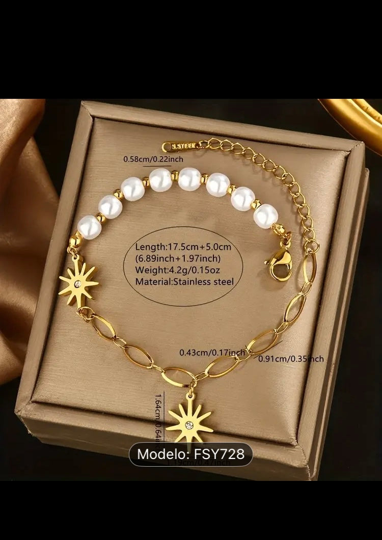 Pulsera Vintage Única de Acero Inoxidable con Cuentas Blancas de Plástico y Cadena