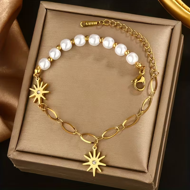 Pulsera Vintage Única de Acero Inoxidable con Cuentas Blancas de Plástico y Cadena